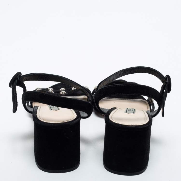 Pre Owned Prada Black Studded Suede Block Heel Ankle Strap Sandals Size 40