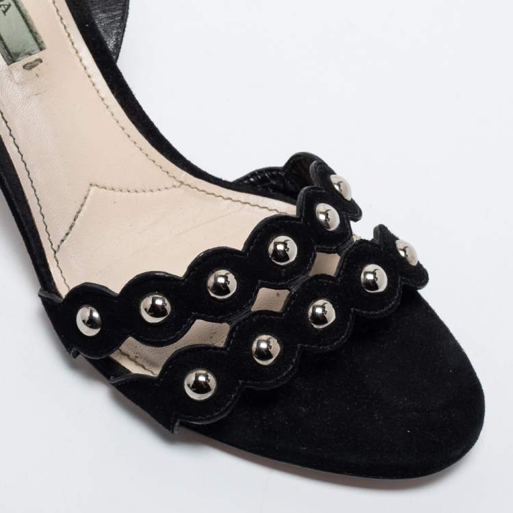 Pre Owned Prada Black Studded Suede Block Heel Ankle Strap Sandals Size 40