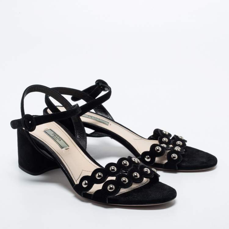 Pre Owned Prada Black Studded Suede Block Heel Ankle Strap Sandals Size 40