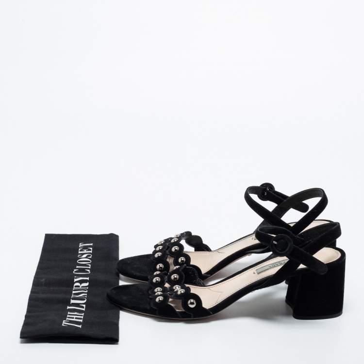 Pre Owned Prada Black Studded Suede Block Heel Ankle Strap Sandals Size 40