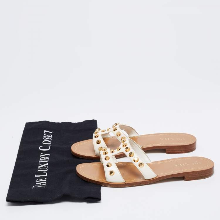 Pre Owned Prada White Patent Leather Stud Embellished Flat Slides Size 38