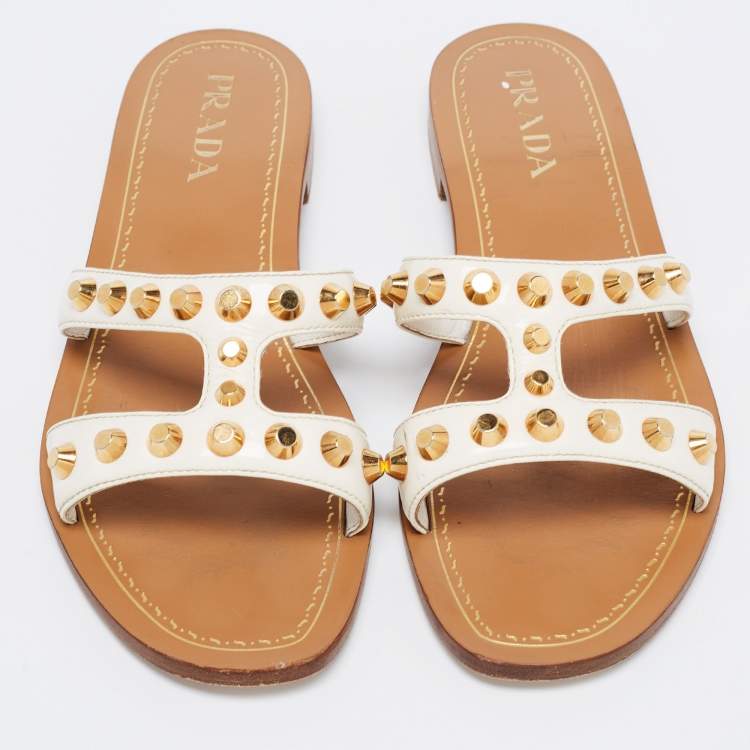 Pre Owned Prada White Patent Leather Stud Embellished Flat Slides Size 38
