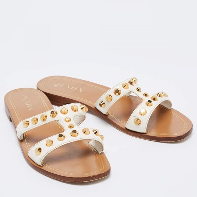 Pre Owned Prada White Patent Leather Stud Embellished Flat Slides Size 38