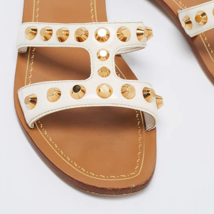 Pre Owned Prada White Patent Leather Stud Embellished Flat Slides Size 38