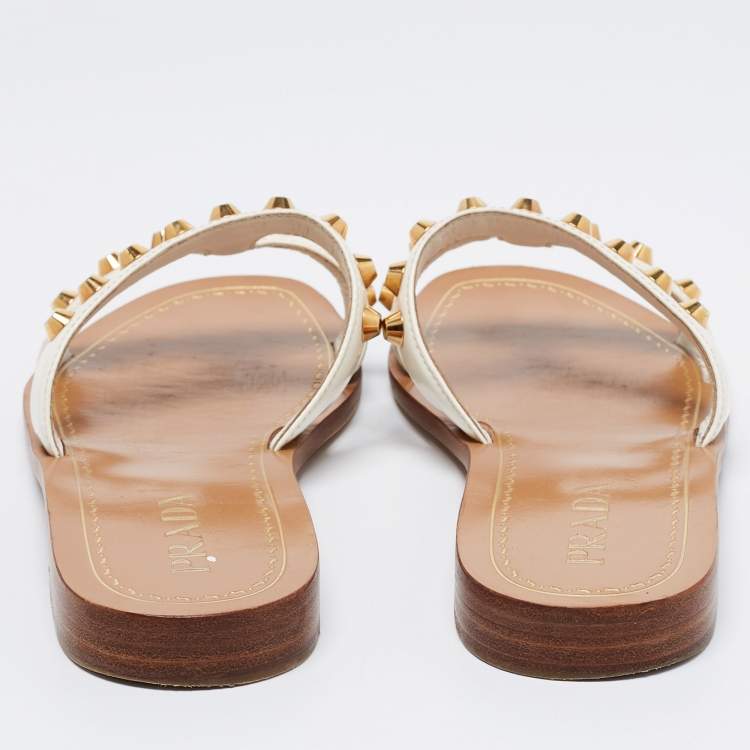 Pre Owned Prada White Patent Leather Stud Embellished Flat Slides Size 38