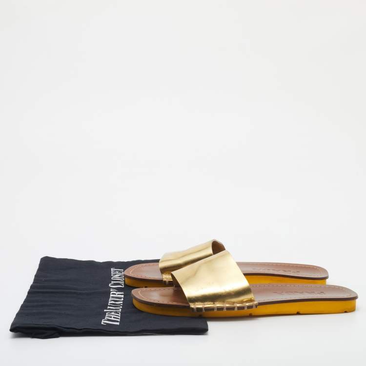 Pre Owned Prada Gold Leather Flat Slides Size 38