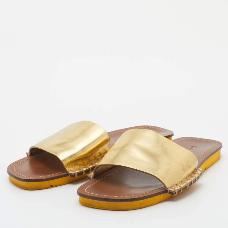 Pre Owned Prada Gold Leather Flat Slides Size 38