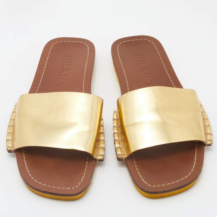 Pre Owned Prada Gold Leather Flat Slides Size 38
