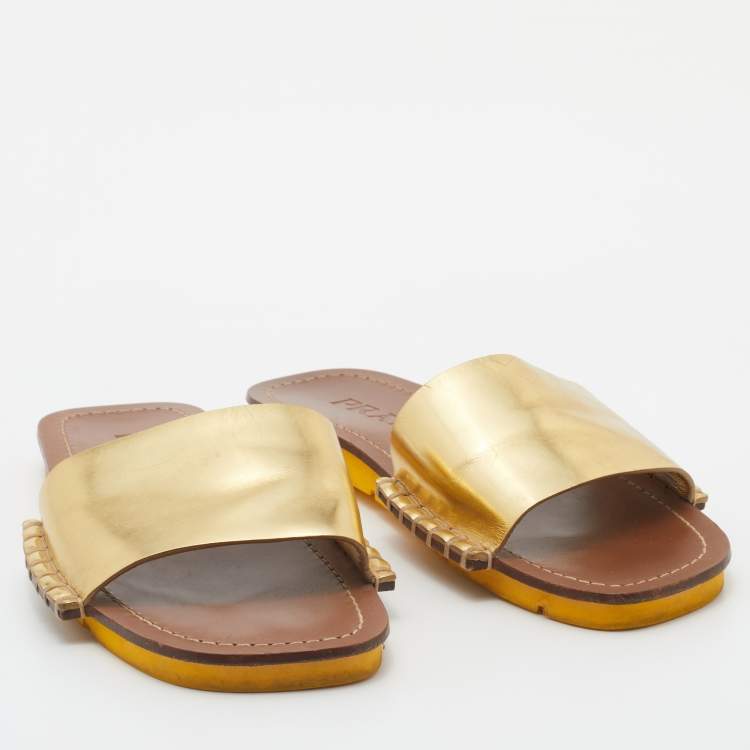 Pre Owned Prada Gold Leather Flat Slides Size 38