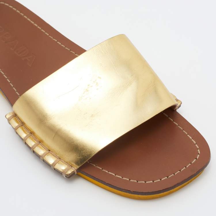 Pre Owned Prada Gold Leather Flat Slides Size 38