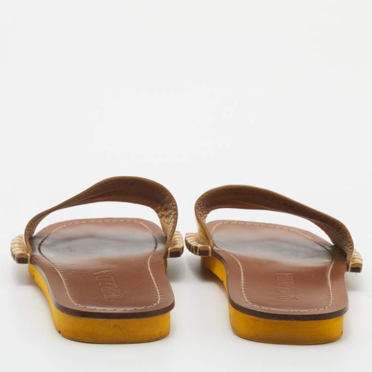 Pre Owned Prada Gold Leather Flat Slides Size 38