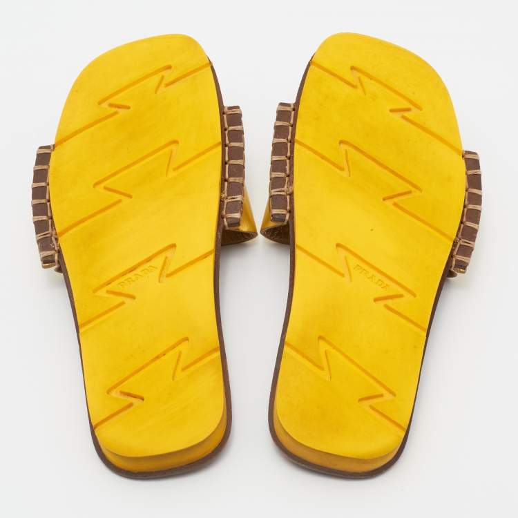 Pre Owned Prada Gold Leather Flat Slides Size 38