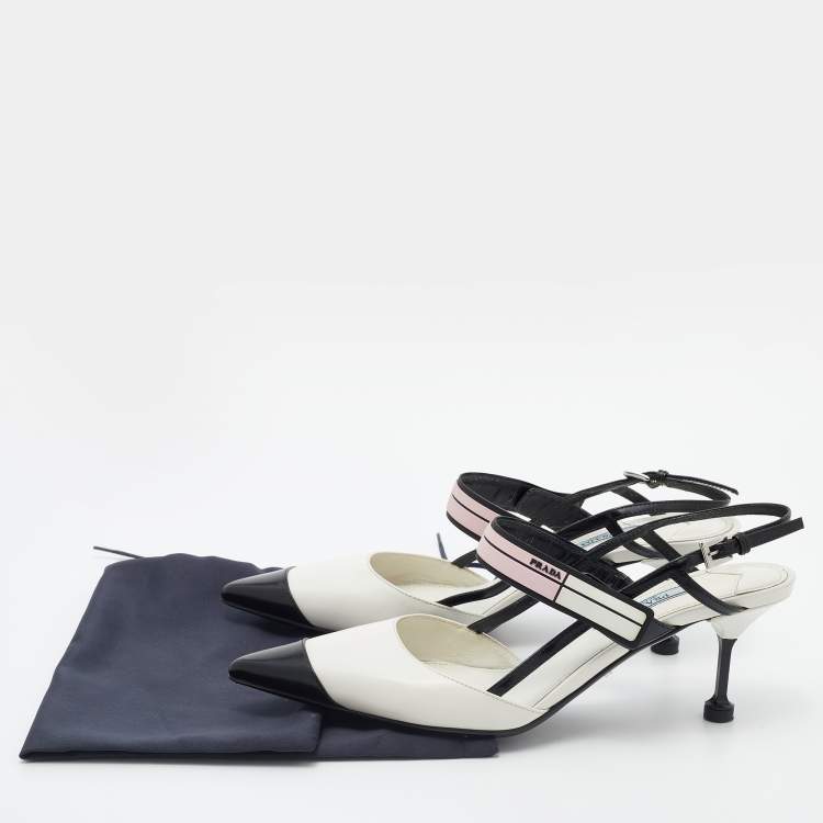 Pre Owned Prada White/Black Leather and Rubber Slingback Pumps Size 37.5