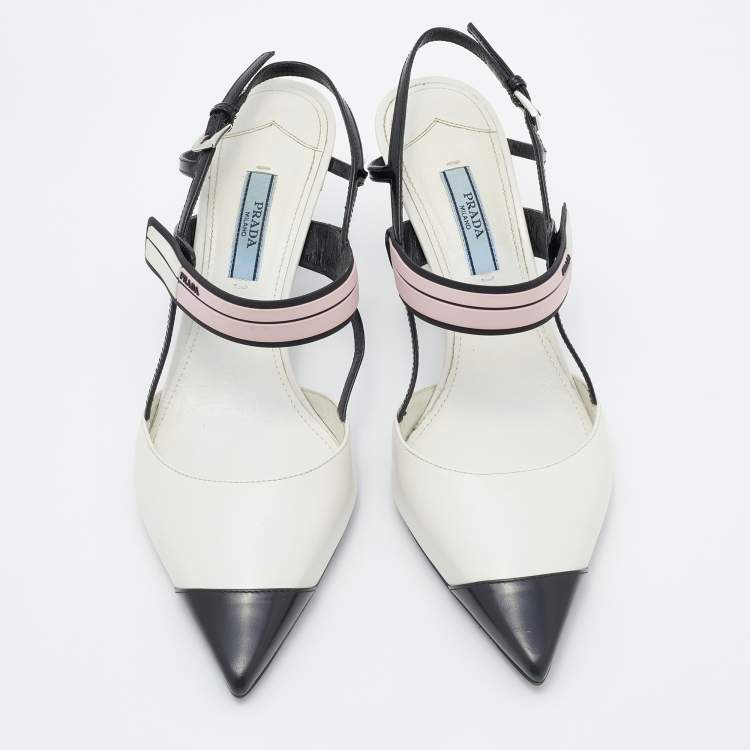 Pre Owned Prada White/Black Leather and Rubber Slingback Pumps Size 37.5