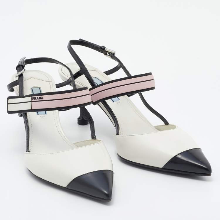 Pre Owned Prada White/Black Leather and Rubber Slingback Pumps Size 37.5