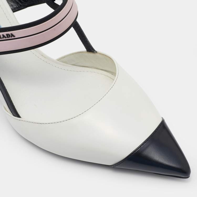 Pre Owned Prada White/Black Leather and Rubber Slingback Pumps Size 37.5