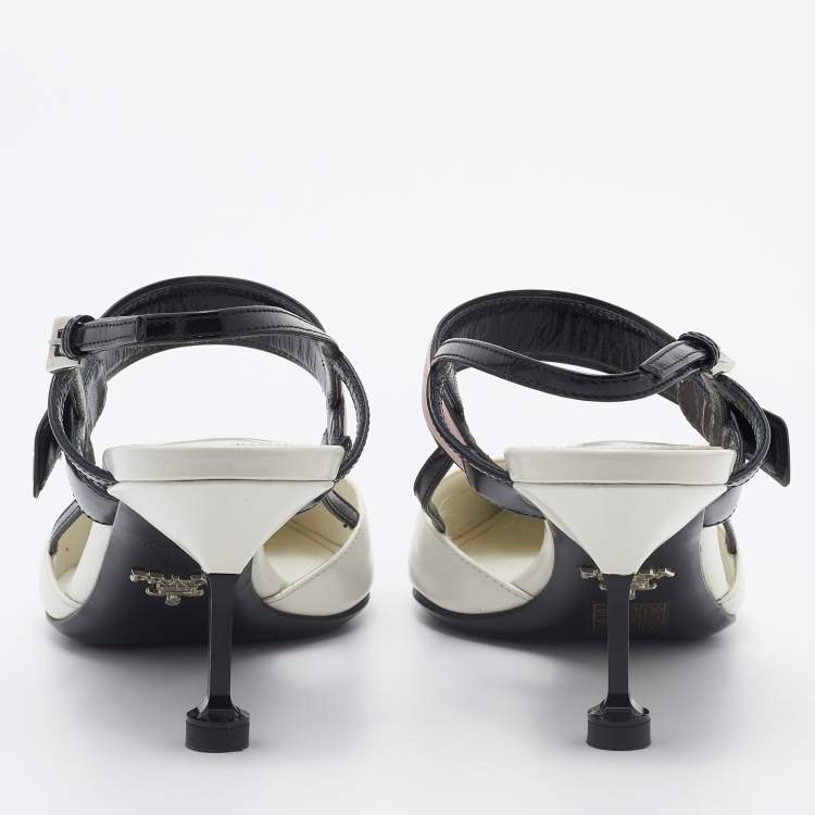 Pre Owned Prada White/Black Leather and Rubber Slingback Pumps Size 37.5