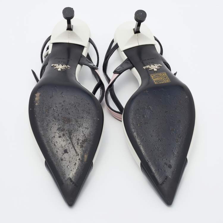 Pre Owned Prada White/Black Leather and Rubber Slingback Pumps Size 37.5