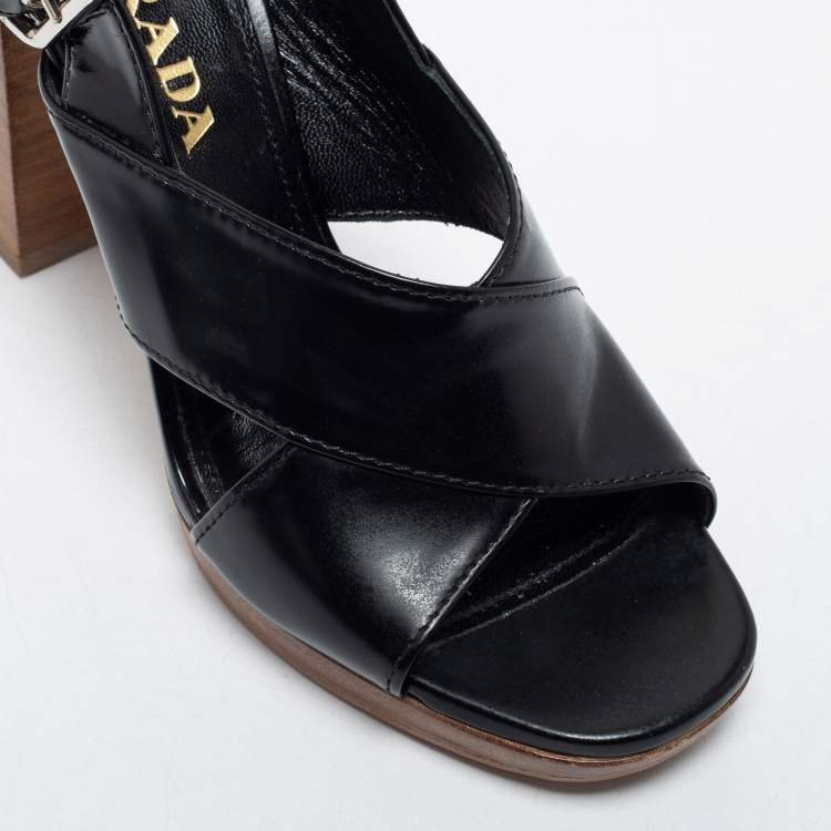 Pre Owned Prada Black Leather Criss Cross Block Heel Sandals Size 38