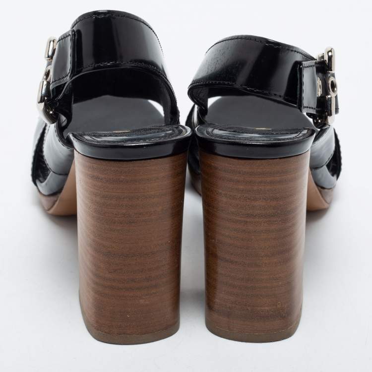 Pre Owned Prada Black Leather Criss Cross Block Heel Sandals Size 38