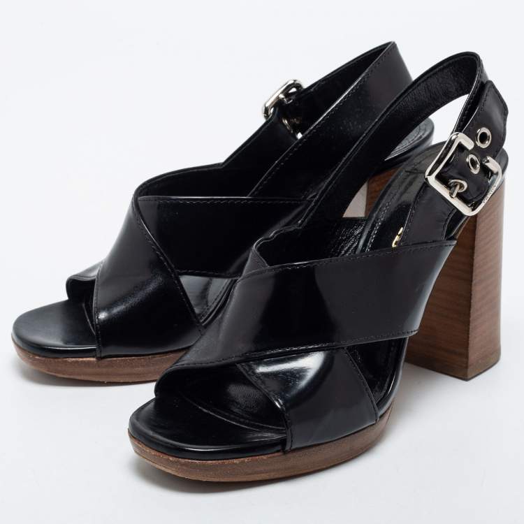 Pre Owned Prada Black Leather Criss Cross Block Heel Sandals Size 38