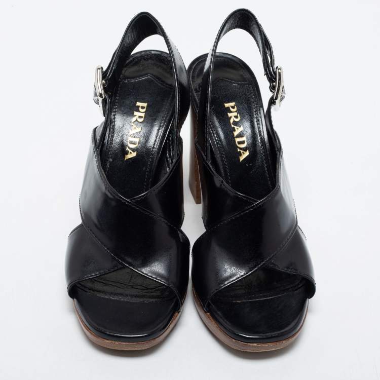 Pre Owned Prada Black Leather Criss Cross Block Heel Sandals Size 38