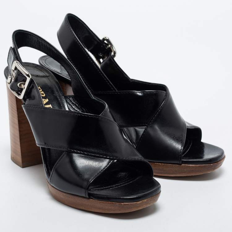 Pre Owned Prada Black Leather Criss Cross Block Heel Sandals Size 38