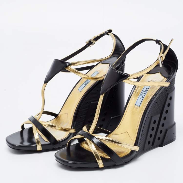 Pre Owned Prada Black/Gold Leather T-Strap Wedge Sandals Size 40