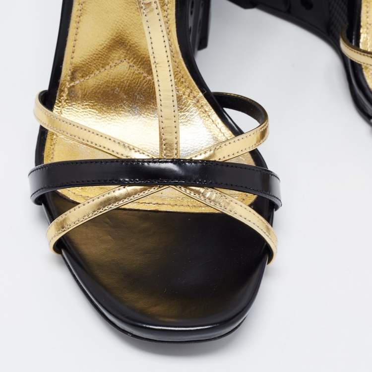 Pre Owned Prada Black/Gold Leather T-Strap Wedge Sandals Size 40