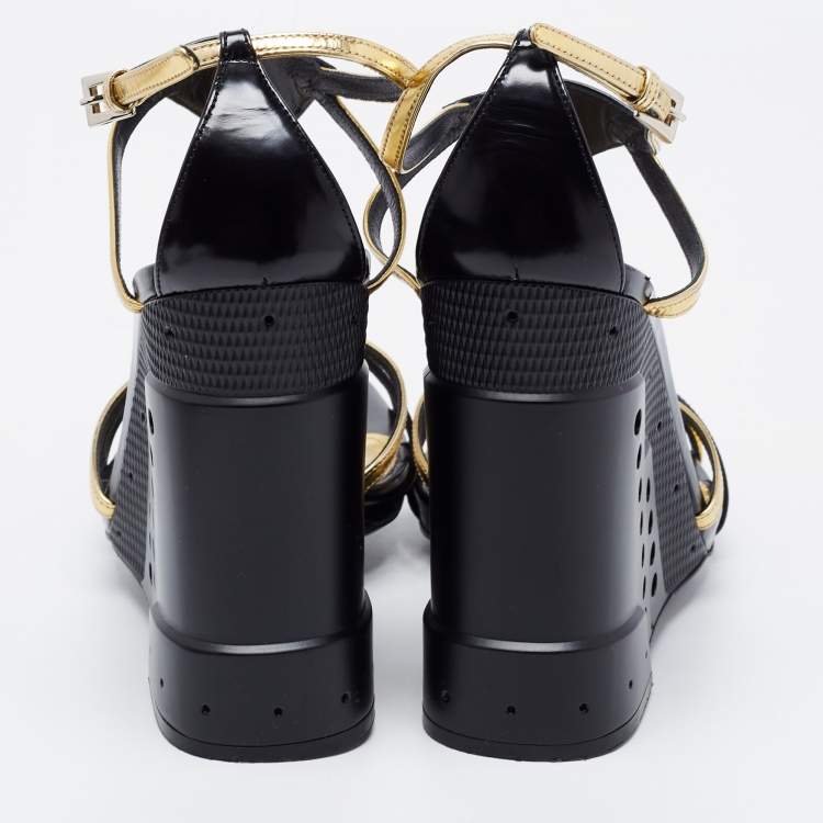 Pre Owned Prada Black/Gold Leather T-Strap Wedge Sandals Size 40