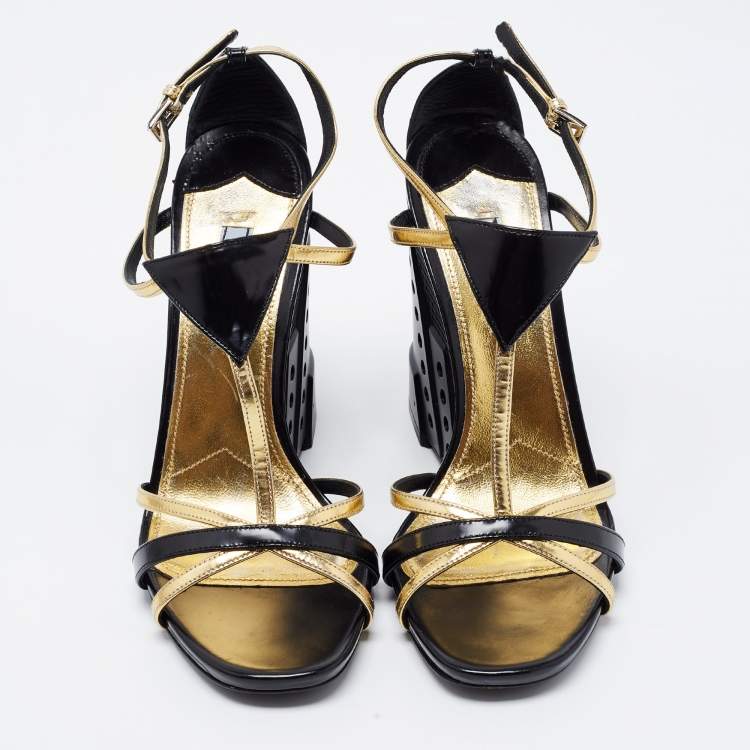 Pre Owned Prada Black/Gold Leather T-Strap Wedge Sandals Size 40