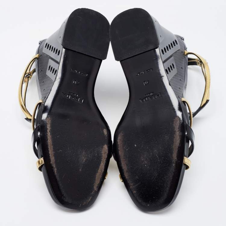 Pre Owned Prada Black/Gold Leather T-Strap Wedge Sandals Size 40