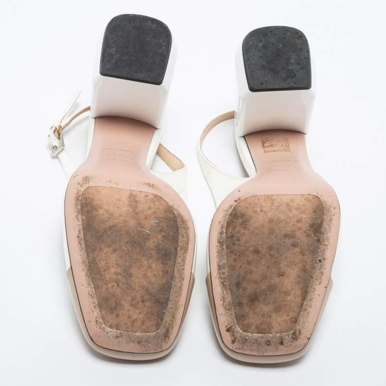 Pre Owned Prada White/Brown Patent Leather Block Heel Slingback Pumps Size 38.5