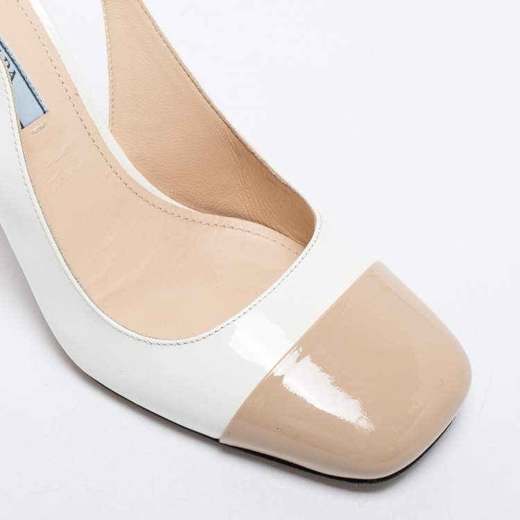Pre Owned Prada White/Brown Patent Leather Block Heel Slingback Pumps Size 38.5