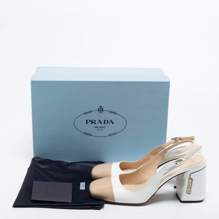 Pre Owned Prada White/Brown Patent Leather Block Heel Slingback Pumps Size 38.5