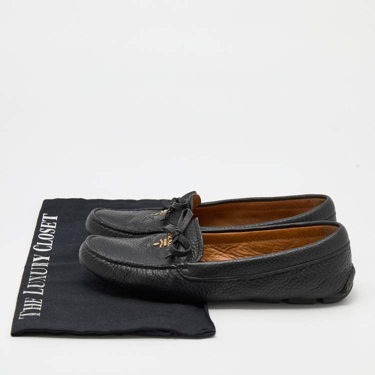 Pre Owned Prada Black Leather Logo Embellished Bow Slip On Loafers Size 37