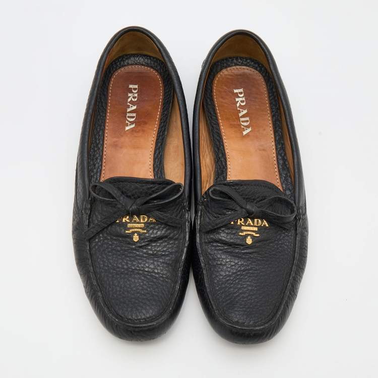 Pre Owned Prada Black Leather Logo Embellished Bow Slip On Loafers Size 37