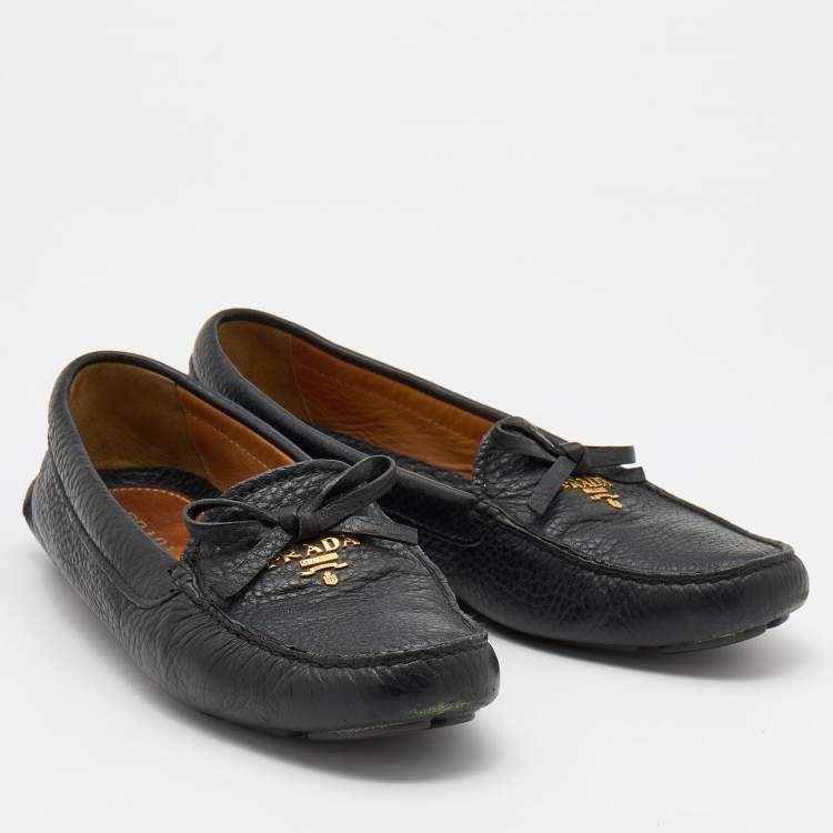 Pre Owned Prada Black Leather Logo Embellished Bow Slip On Loafers Size 37