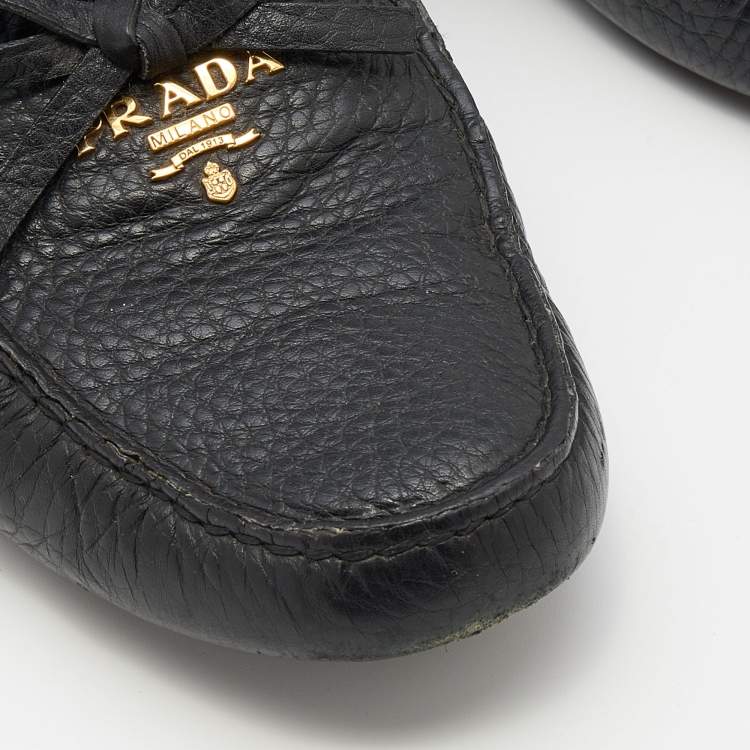 Pre Owned Prada Black Leather Logo Embellished Bow Slip On Loafers Size 37
