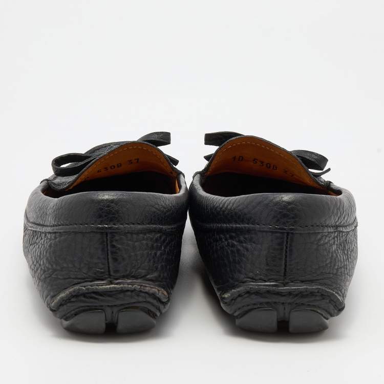 Pre Owned Prada Black Leather Logo Embellished Bow Slip On Loafers Size 37
