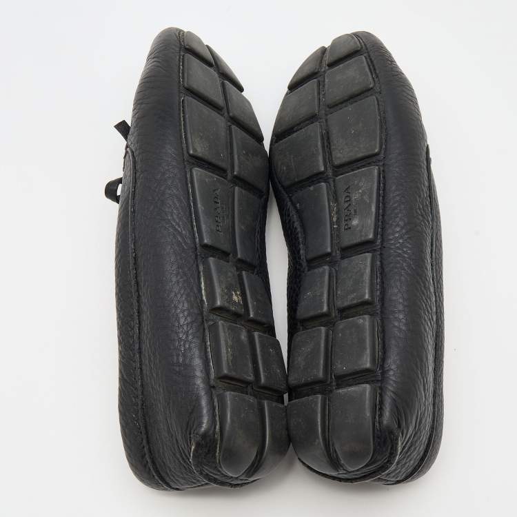 Pre Owned Prada Black Leather Logo Embellished Bow Slip On Loafers Size 37