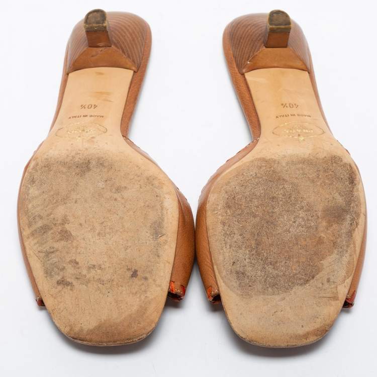 Pre Owned Prada Brown Leather Embellished Slide Sandals Size 40.5