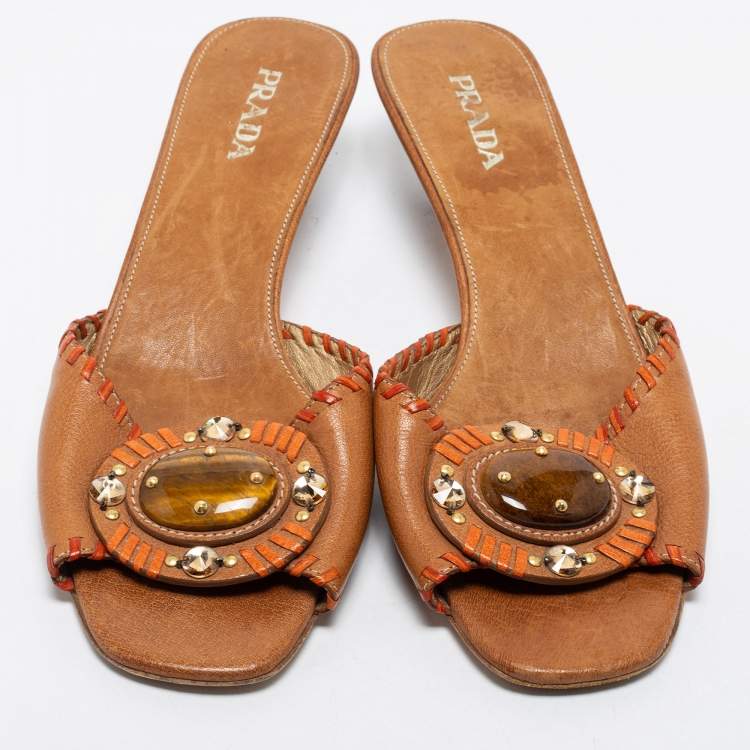 Pre Owned Prada Brown Leather Embellished Slide Sandals Size 40.5
