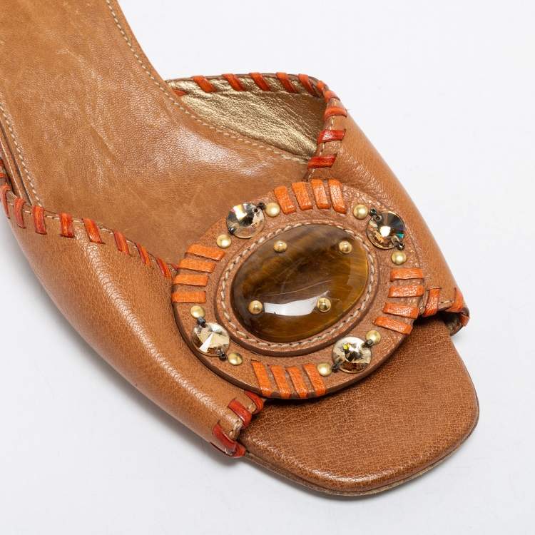 Pre Owned Prada Brown Leather Embellished Slide Sandals Size 40.5