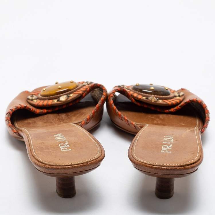 Pre Owned Prada Brown Leather Embellished Slide Sandals Size 40.5