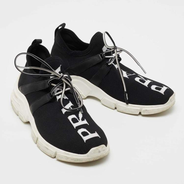 Pre Owned Prada Black XY Logo Knit Fabric Sock Sneakers Size 35