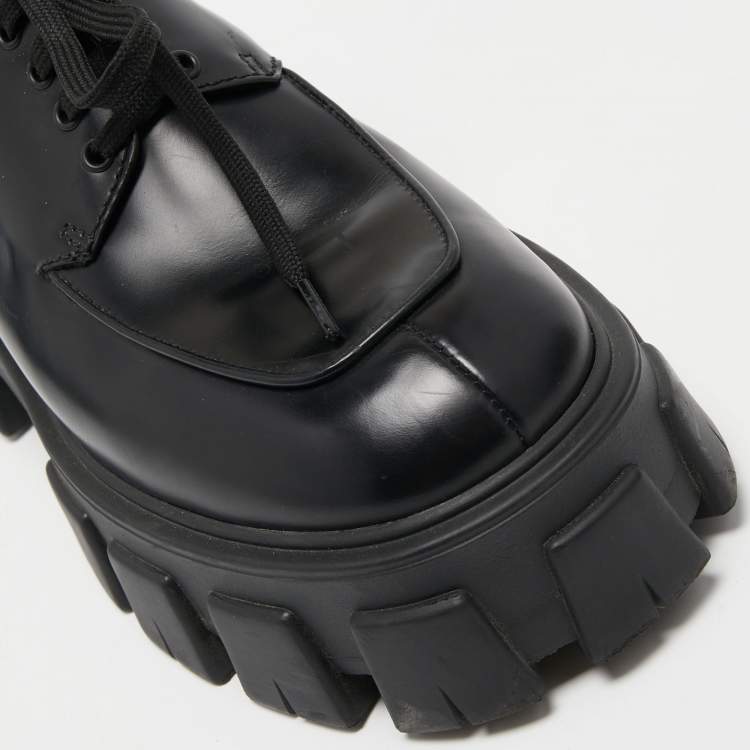 Pre Owned Prada Black Leather Monolith Platform Derby Size 38.5