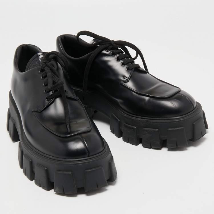Pre Owned Prada Black Leather Monolith Platform Derby Size 38.5