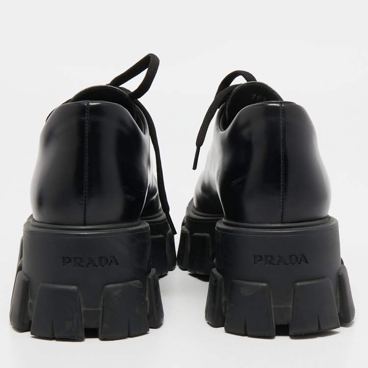 Pre Owned Prada Black Leather Monolith Platform Derby Size 38.5