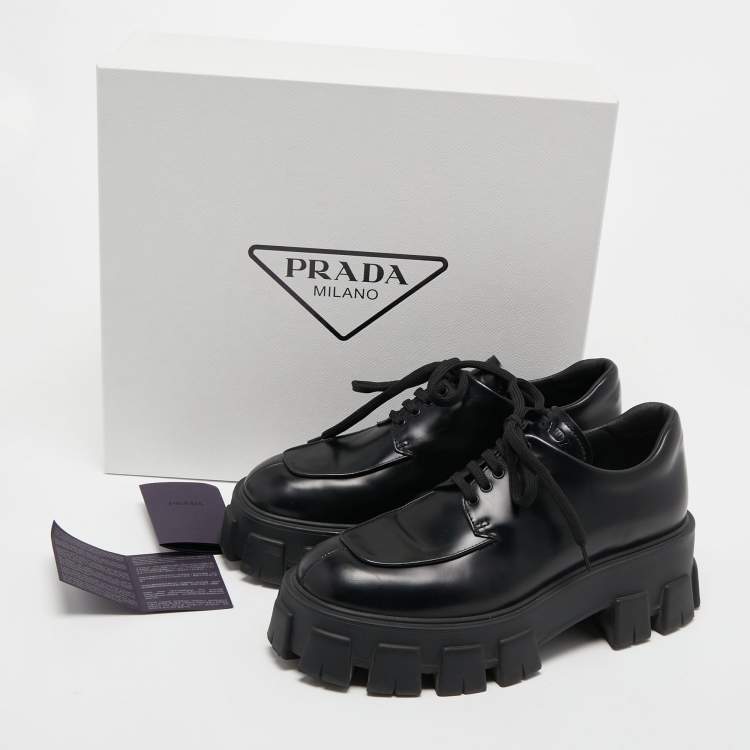 Pre Owned Prada Black Leather Monolith Platform Derby Size 38.5